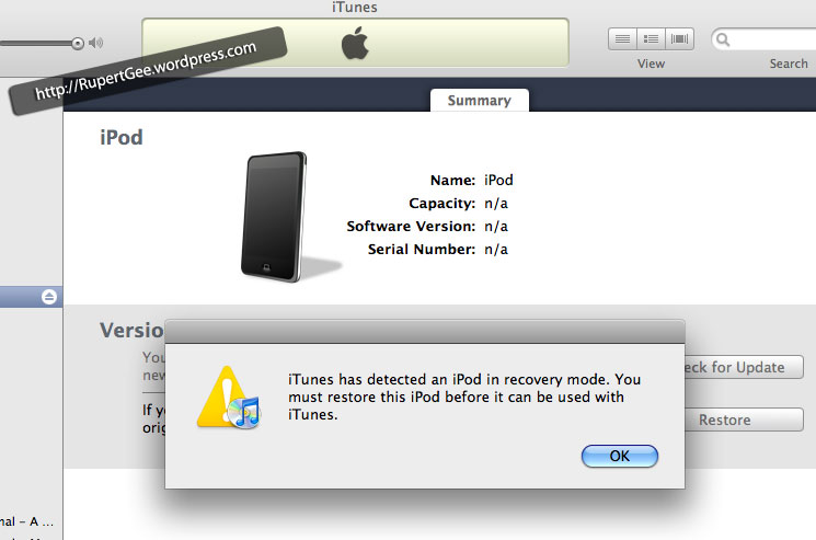The iTunes.app will launch, and the summary screen tells you your iPod touch 